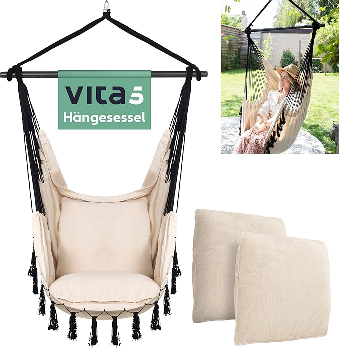 VITA5 Outdoor Hanging Chair, Sturdy & Safe Hanging Chair, Stylish Indoor Hanging Chair, Swing for Adults and Children, Comfortable Boho Room Decoration, 200 kg Load Capacity (Cream Beige)