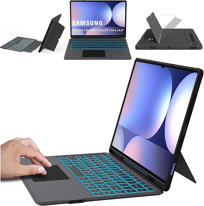 ROOFEI Galaxy Tab S10 Ultra/S9 Ultra/S8 Ultra Case with Keyboard QWERTZ - Removable Keyboard with Touchpad - 7-Colour Lighting Keyboard Case for 14.6 Inch Samsung Tab S10 Ultra 2024/S9 Ultra/S8 Ultra