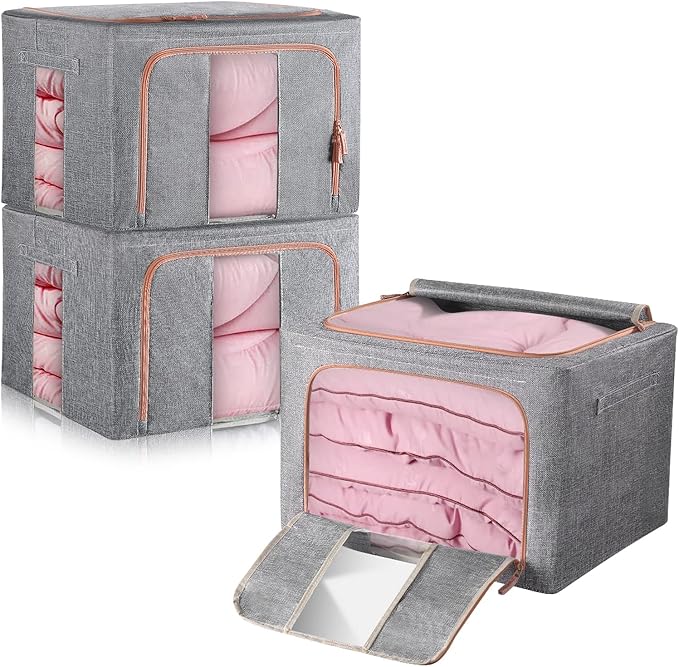 100L Clothes Storage Bag Metal Frame Cotton Laundry Protect Against Moisture Dust Double Opening Zip Perfect for Clothes Toys Bedding Blankets (Set of 3)