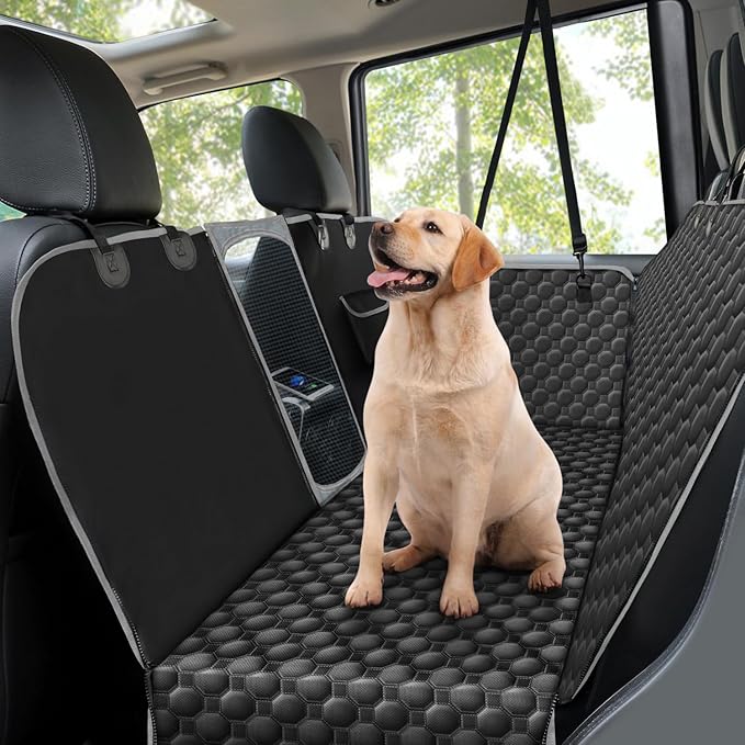 Dog Car Seat Covers, Pet Rear Seat Cover with Mesh Viewing Window / Side Flaps, Heavy Duty Travel Hammock Bench Convertible Rear Seat, Non-Slip Seat Protector for Cars Trucks & SUVs