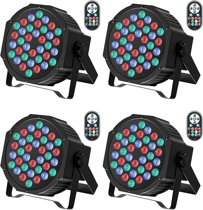 GdjRttk 4pcs RGB LED Par Spotlight, 72W Stage Light with Remote Control and DMX 7CH, 36 LED Par Headlight with 7 Lighting Modes for Disco Parties Bar Halloween Christmas