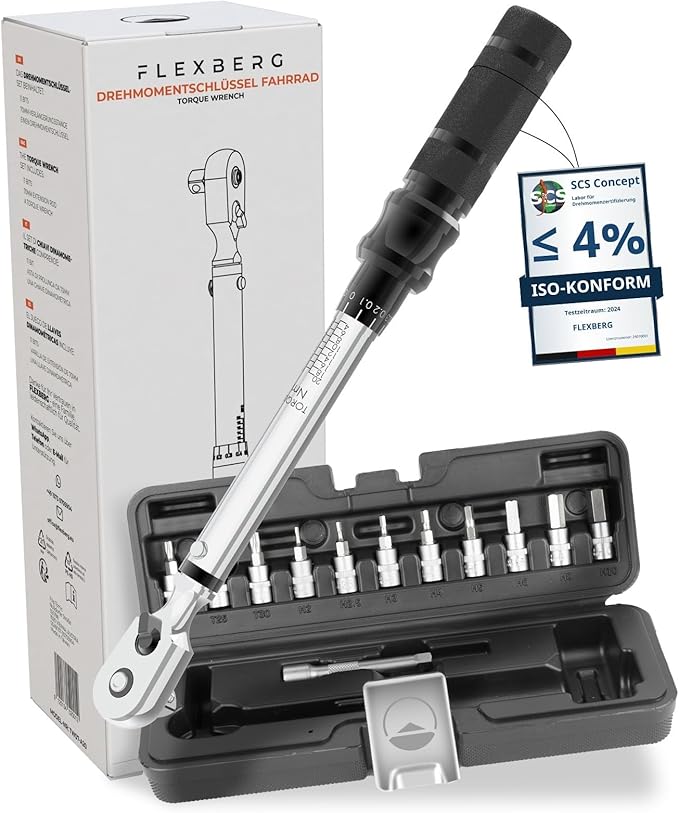 FLEXBERG® Bicycle Torque Wrench [2-20 Nm] - Ideal for Bicycle & Motorcycle - Torque Wrench 1/4 - Includes 11 Bits, Torx & Adapter - Mini Torque Wrench, Bicycle Torque Wrench
