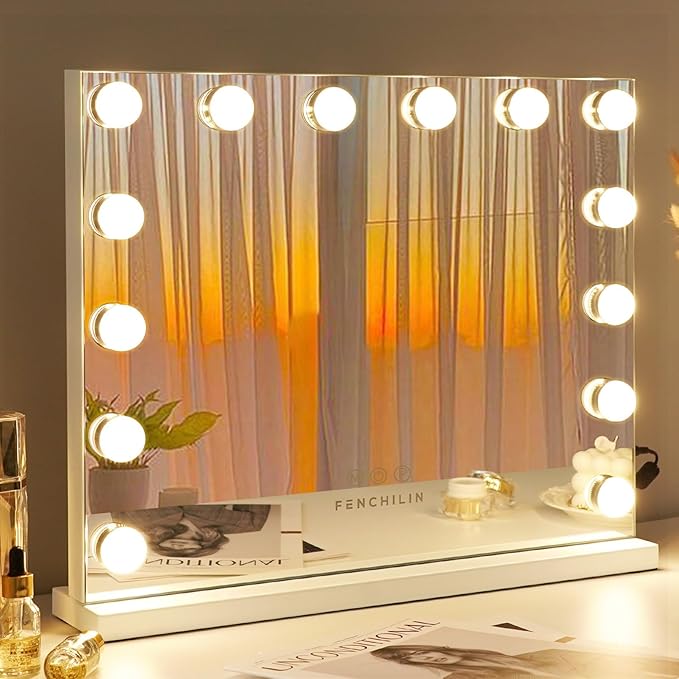 FENCHILIN Hollywood Mirror with Lighting 14 Dimmer LED Lights Makeup Mirror with Lighting 3 Colour Temperature Touch Control Makeup Mirror with Lighting for Dressing Table 50 x 42 cm White