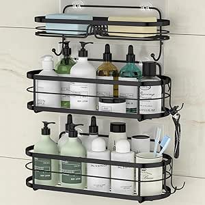 STEUGO 3-Tier No Drill Shower Caddy with 4 Hooks, Shower Shelves made of SUS304 Stainless Steel, Shower Organiser with 5 Stickers, Black