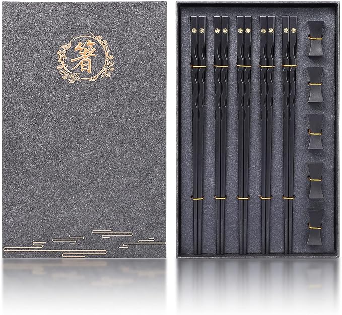 Youda Chopsticks Reusable Chinese Japanese Alloy Chopsticks with Holder, Dishwasher Safe, Premium Quality Chopsticks Gift Set (5 Pairs)