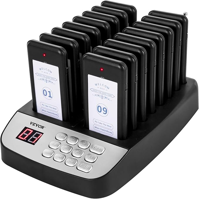 VEVOR Restaurant Pager System, Wireless Queue Signal with 500 m Range, Beeper for Answering Guests with Vibration and Flashing, 16 Pagers for Food Truck, Church