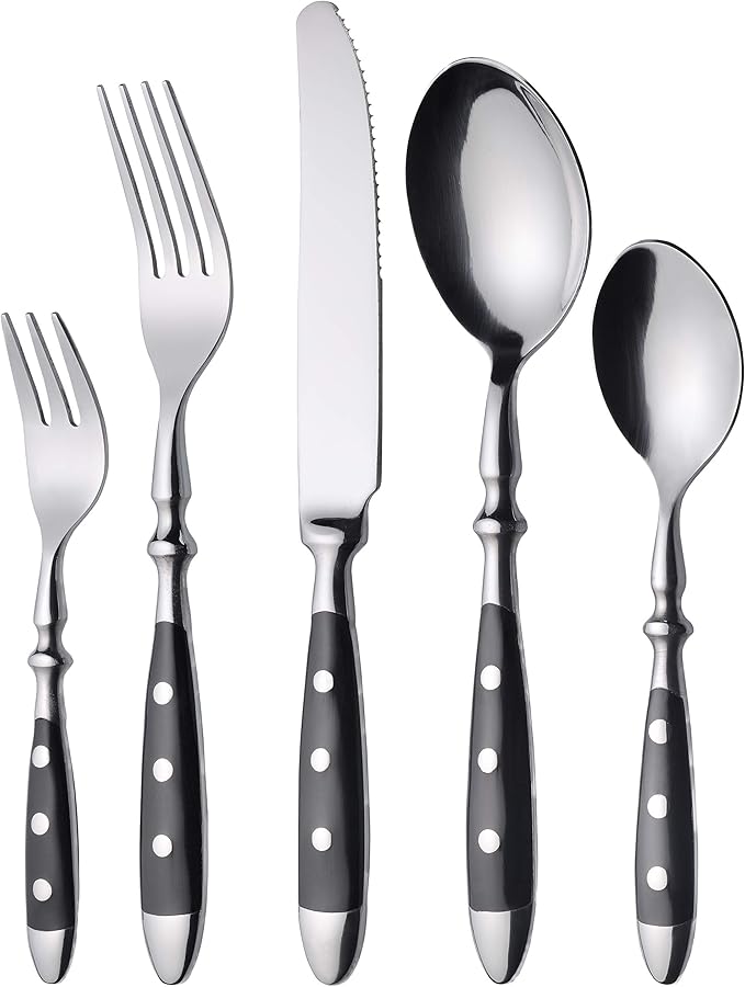 GRÄWE Nuremberg Series Cutlery Set for 6 People Stainless Steel Heavy Rustic Cutlery Set 30-Piece Forged Cutlery with Black Handles