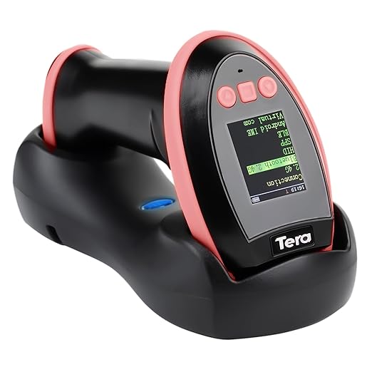 Tera 1D 2D QR Barcode Scanner with Digital Setting Screen: Button Operation and Charging Station, German Control Menu and User Manual, Model HW0009, Pink