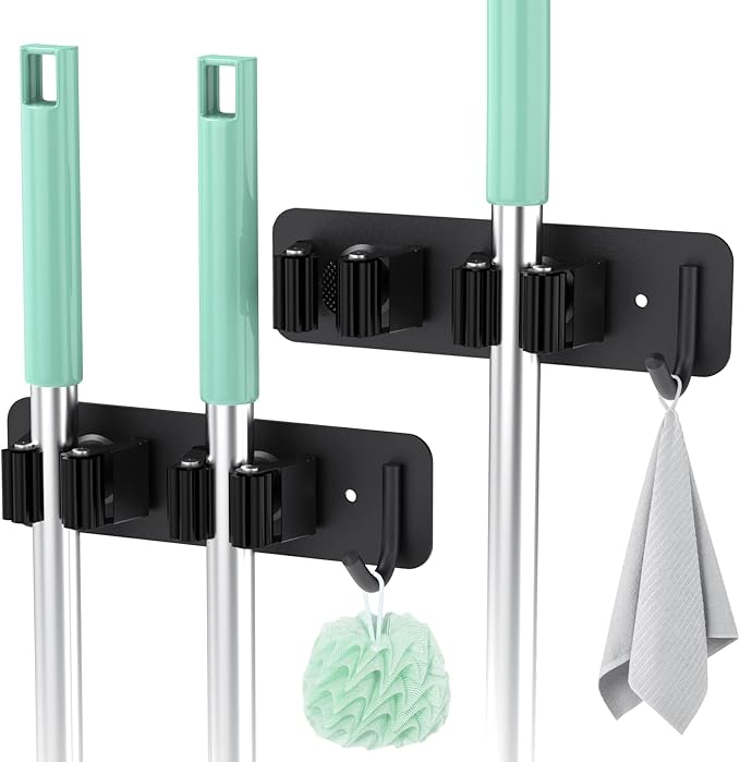 MOREMOCO Pack of 2 Broom Holder Wall Mounted Stainless Steel Broom Mop Holder Self-Adhesive Tool Holder Organiser with 2 Holders and 1 Hook