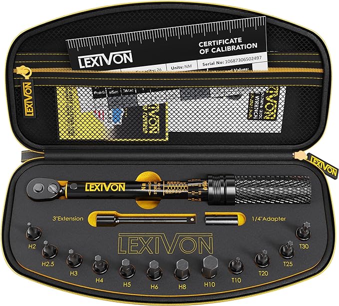 Torque Wrench Bicycle & Motorcycle, 1/4 Inch, Includes 15-Piece Set Hex Socket and Torx Bits, Measuring Range 2-20 Nm with Extension Rod, Torque Wrench, for Road Bikes and More