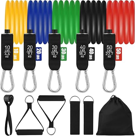 Resistance Bands Set, Expander Tubes Bands Fitness Bands with 5 Fitness Bands, Handles, Foot Straps and Door Anchor for Muscle Building, Yoga, Pilates, Strength Training, Physiotherapy