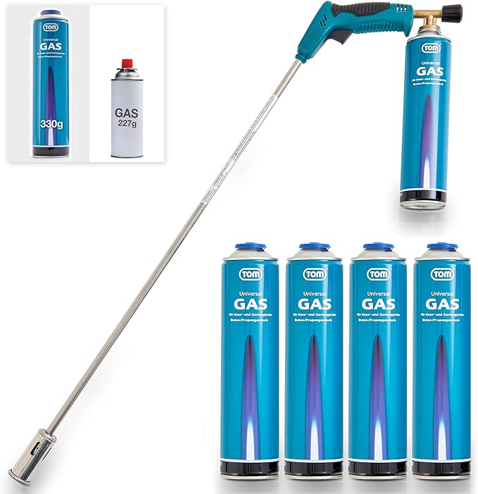 TOM Gas Weed Burner Set + 4 x 330 g Universal Gas Bottle with Screw Thread 600 ml - Flaming Device Ideal for Weed Killing on Paving Stones, Walkways, Paving Joints, Barbecue Lighter, Blue