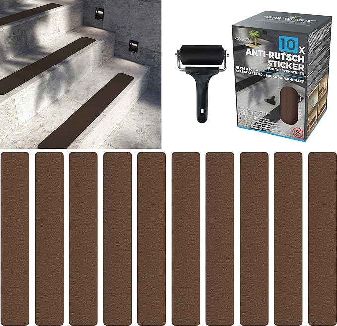 cocofy Non-Slip Stickers for Stairs Outside and Inside, 10 x Strips (61 x 10 cm), Brown, Strong Hold Thanks to Special Outdoor Surface, Non-Slip Protection for Stair Steps, with Mounting Roller