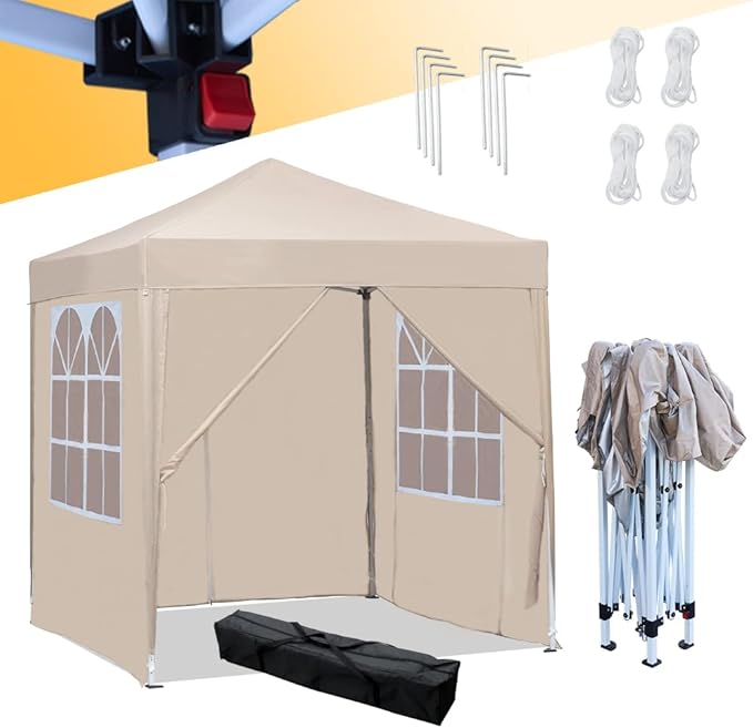 Mingone Folding Gazebo Waterproof Gazebo 2 x 2 m Stable Party Tent Pop Up Garden Tent Pasture Tent PE Beer Tent UV Protection 50+ Marquee with 4 Side Panels, Beige
