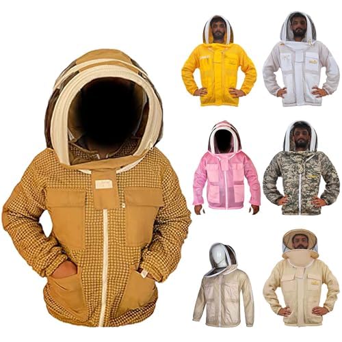 URBANSBEE Beekeeping Jacket 3-Layer Round Hat Pattern Vented Mask Beekeeping Jacket Protection for Beekeepers (2XL, Beige)