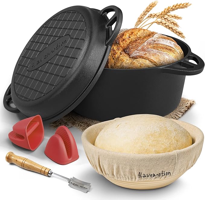 Cast Iron Pot for Baking Bread, Starter Set with Proofing Basket, Baker's Knife and Bread Recipes, Ideal Bread Baking with Lid 26 cm, Bread Pot, Bread Baking Pot, Cast Iron Pot, Cast Iron Pot