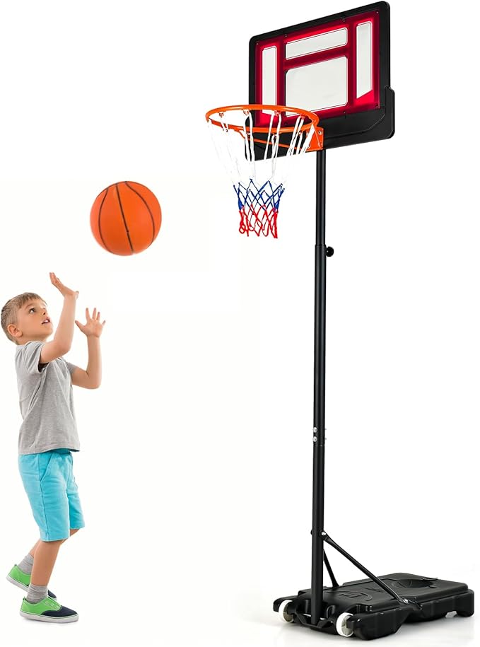 GOPLUS Outdoor Basketball Hoop for Children Teenagers, 90-210 cm Adjustable Basket Height, Basketball Stand Portable with Wheels, Basketball Hoop with Stand and 76 x 50 cm Back Panel