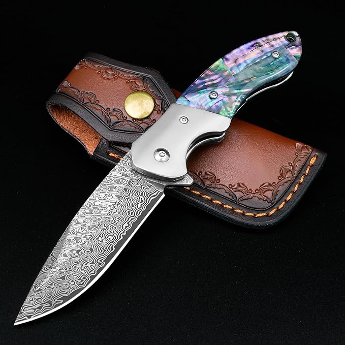 KOMWERO Damask Pocket Knife High Quality with Damascus Steel Blade, Abalone Shell Handle, Knife Sheath - Sharp Damask Folding Knife for Men Hunting Collecting Gift