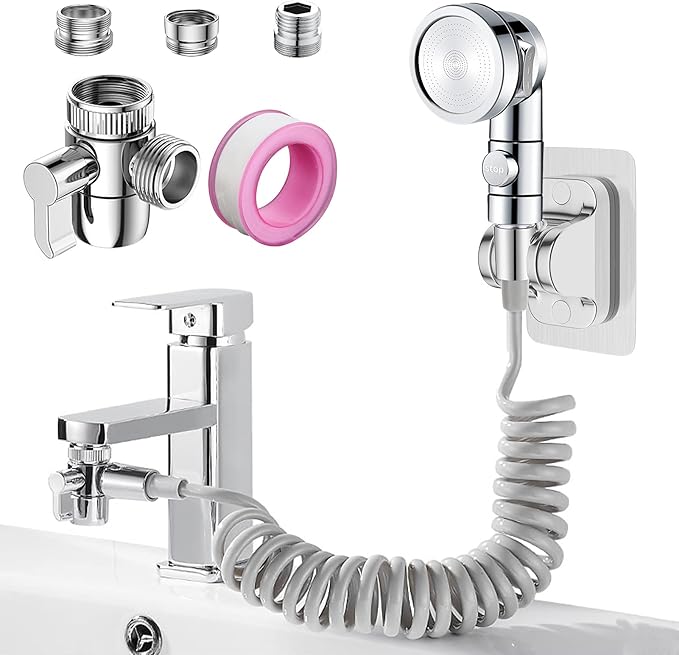 Roscid 3 Mode Bathroom Sink Shower Head Set with 3M Hose, Hand Shower for Sink with 3 Adaptors for G1/2 M22 M24 Tap (Tap Not Included) Polished