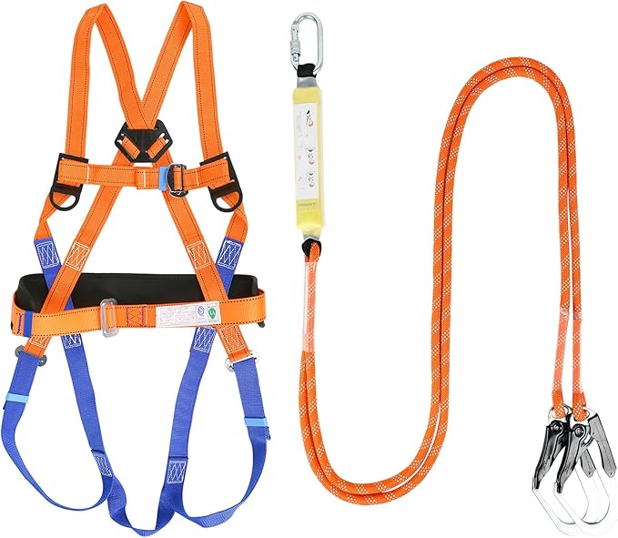 Fall Protection with Arrest Device, 5-Point Full Body Arrest Harness, Safety Fall Protection Set, Fall Protection Harness, Climbing Harness, Safety Belt, Roofer