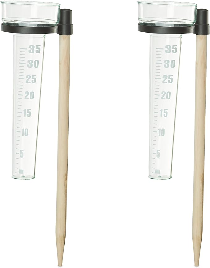 Relaxdays Rain Gauge Set of 2 with Rod Rain Gauge Garden Scale 35 mm/m², Plastic and Wood, Natural/Transparent
