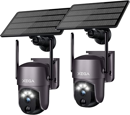 Xega Two Packs Solar Surveillance Camera Outdoor Wireless, Super HD PTZ CCTV Camera WLAN Surveillance Camera Home Security Colour Night Vision PIR Person Detection Two-Way Audio