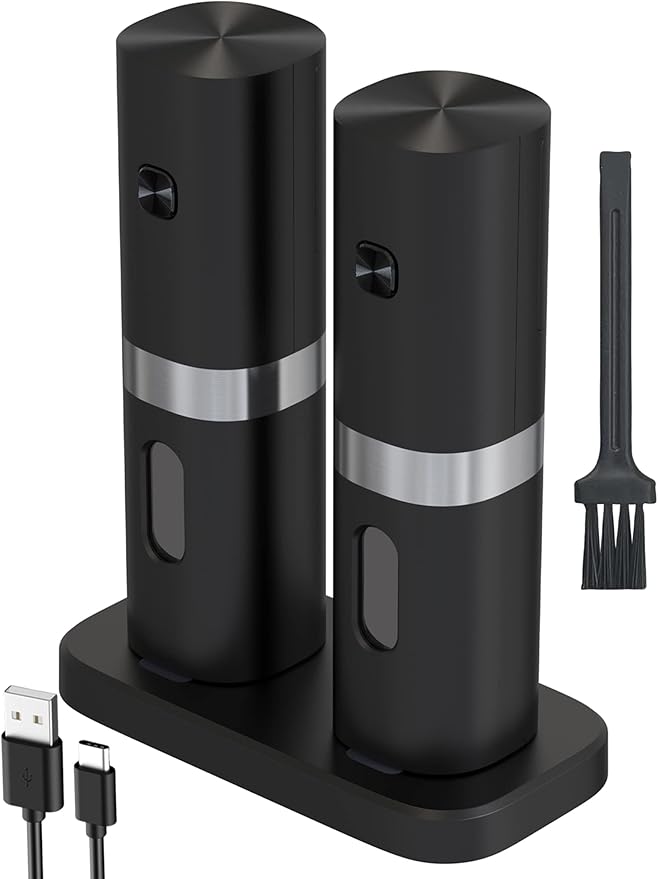 IraXpro Electric Salt and Pepper Mill Set of 2 with Rechargeable Base, LED Light, Cleaning Brush, Ceramic Grinding Core, Adjustable Grinding Coarseness, Salt and Pepper Mill for BBQ, Kitchen,