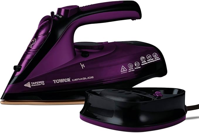 Tower T22008 CeraGlide Wireless Steam Iron with Ceramic Sole, Steam Iron with Variable Steam Function, Purple