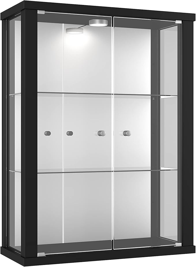 K-Möbel Hanging Display Cabinet in Black (80 x 60 x 25 cm) with 2 Height-Adjustable Glass Shelves, Mirror & LED - Model Car Display Case Black - Display Cabinet Black - Collector's Display Case -