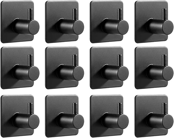 Feligio Adhesive Hooks, No Drilling, Pack of 12, Self-Adhesive Hooks, Black, Stainless Steel Wall Hooks for Home, Kitchen, Bathroom, Office