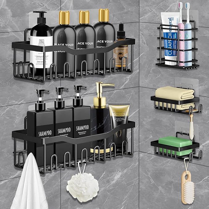 AMZJMT Shower Shelf, Shower Shelf without Drilling, Pack of 5 Stainless Steel Shower Stands with Hooks and Toothpaste Holder, Shower Holder Suitable for Bathroom, Bedroom and Kitchen, Black