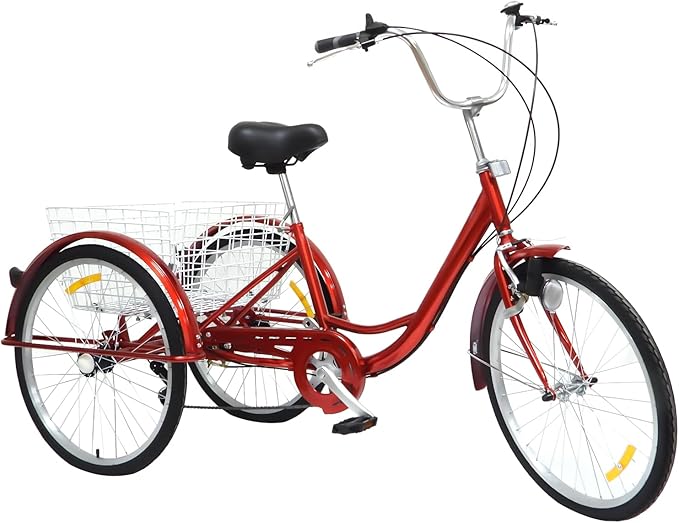 LENJKYYO 24 Inch 3 Wheel Tricycle for Adults with 6 Speed Gear Tricycle Lights Inch Cruiser Bicycle Shopping Cargo Bike Light Basket