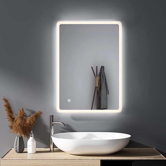 HY-RWML Bathroom Mirror, 40 x 60 cm Lighting, LED Mirror, Wall Mirror, 3 Light Colours, Bathroom Mirror with Anti-Fog Touch Switch, Rectangular, Cool White 6500 K, IP67 Energy-Saving A++, Bathroom, Living Room