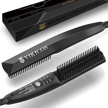 VIKICON Beard Straightener for Men, Mini Electric Beard Straightener, 30s Quick Heated Brush Comb, Ionic Hair Straightener for Styling Long and Short Beard