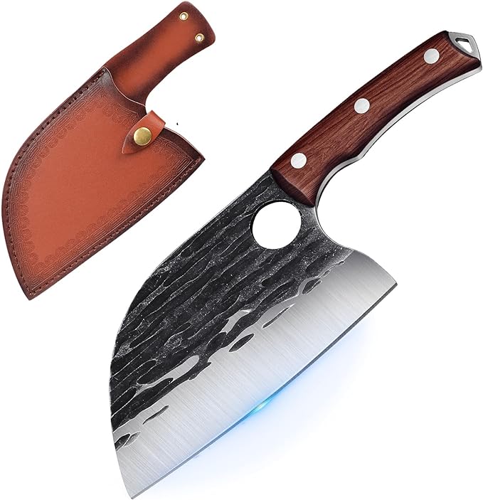 SMITH CHU Chopping Knife Serbian Butcher Knife Hand Forged Chef's Knife Kitchen Knife Butcher's Hatchet Meat Vegetables Sharp Boning Knife with Leather Sliding Full Tang Outdoor for BBQ Camping
