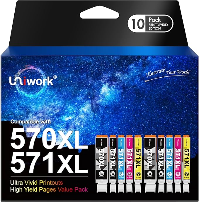 Uniwork Pack of 10 Printer Cartridges, Replacements for Canon PGI-570 XL and CLI-571 XL, For Canon Pixma TS5050 / MG5750 / TS5055 / MG6850 / MG5753 / MG6852 / TS5051 / TS6051 / MG5751 / MG6853 / TS6050 / MG5752 / MG6851 / TS5053 / TS6052