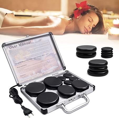 Ricyea Hot Stone Massage Set, Lava Stones for Massage, 9 Pieces Massage Stone Basalt in Heating Case, Portable, Suitable for Private Users, Spa, Massage Therapy & Relaxation, Wellness Gift