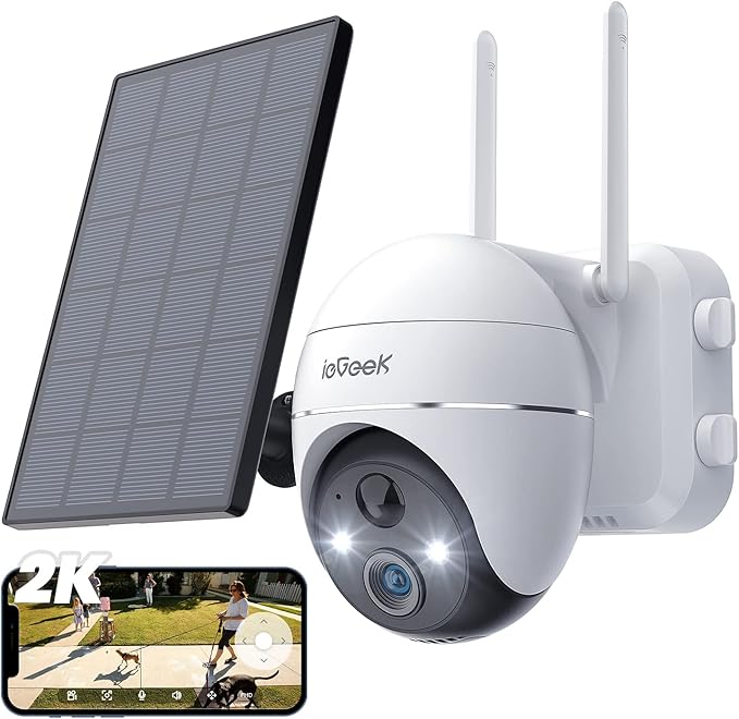 ieGeek 2K Surveillance Camera Outdoor Battery, Solar Surveillance Camera with 355°/140° Pan Tilt, 20 m Colour Night Vision, PIR Motion Sensor, Siren/White Light Alarm, 4 dbi Double Antenna, IP65,