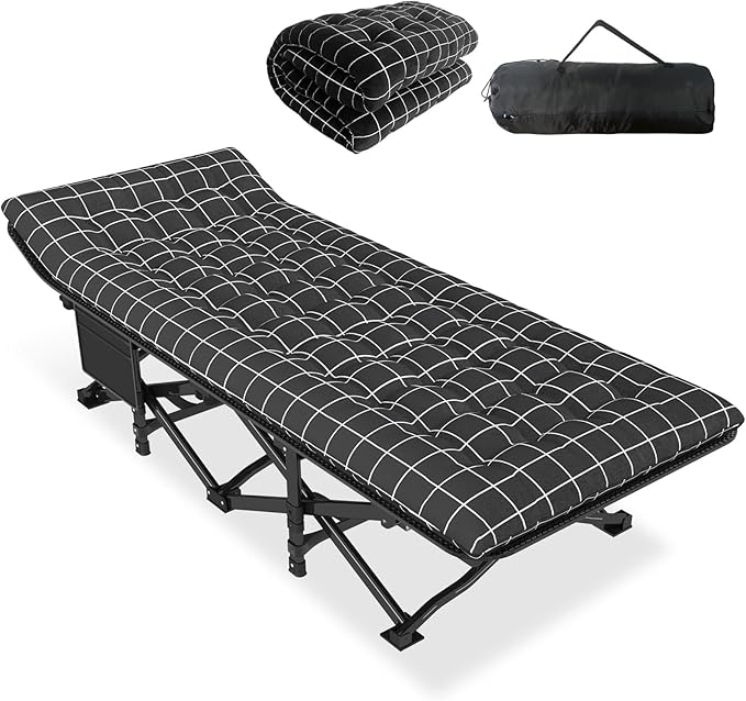 ATORPOK SHOP Camping Bed Folding Guest Bed up to 200 kg for, Folding Bed with Side Pocket, Portable Camping Lounger, Outdoor, Garden, Camping, Travel, Indoor