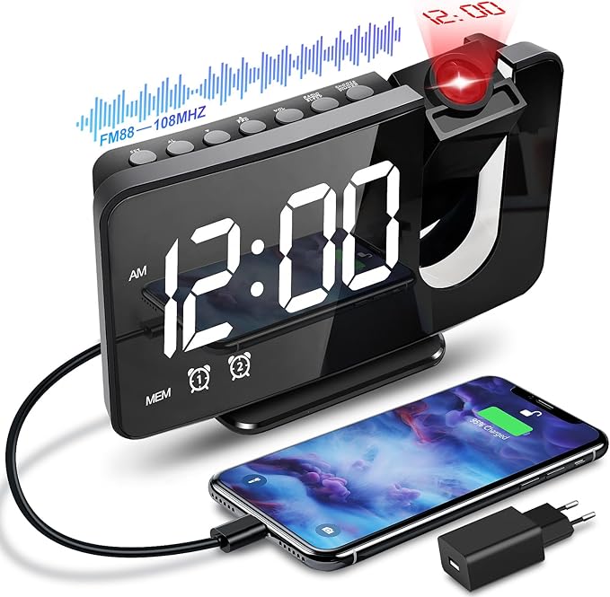 Anykuu Projection Alarm Clock with FM Radio Snooze Double Chime USB Port 3 Brightness Levels LED Display 180° Radio Alarm Clock Digital Alarm Clock Suitable for Home and Office etc