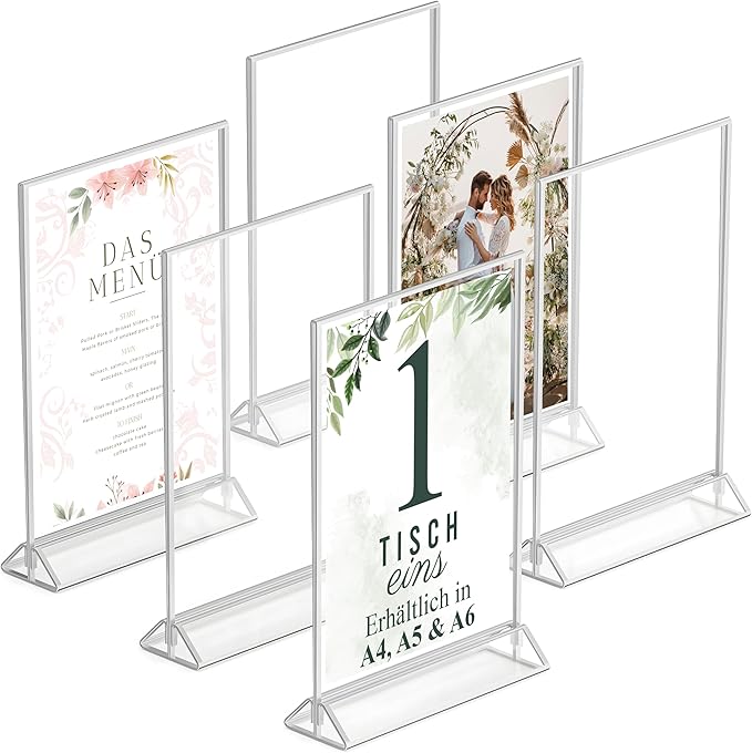 Silver Double Sided Photo Frames - Pack of 6 - A5 Acrylic Silver Table Number Holders, Clear Easel Table Stands for Signs, Silver Frames for Wedding Table Numbers, Menu Holder, Picture Frame