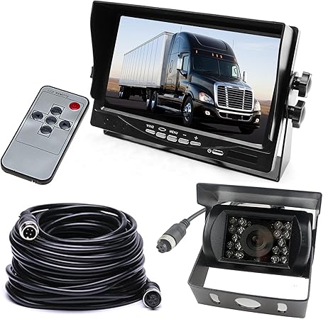 Car Reversing Camera Parking Monitor System Waterproof 18 LEDs Night Vision Reversing Camera with 15 m 4-Pin Aviation Cable + 7 Inch TFT LCD Colour Monitor for Large Truck Bus Caravan Trailer