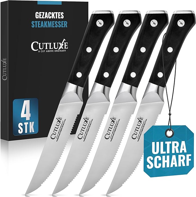 Cutluxe Steak Knife Set, 4-Piece Knife Set 13 cm - Steak Knife Chef's Knife Meat Knife - Ergonomic Design & Extremely Sharp - Artisan Series