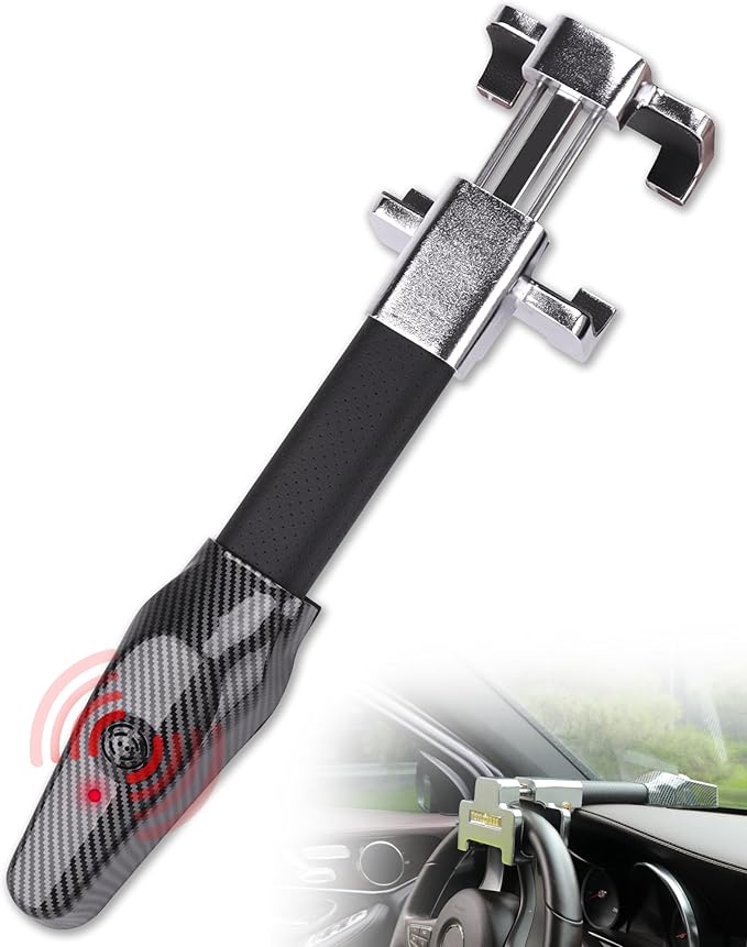 Tevlaphee Deadbolt Steering Wheel Clamp with Alarm, 120 dB, Steering Wheel Lock, Steering Wheel Lock for Car, Retractable, Universal Fit, Silver