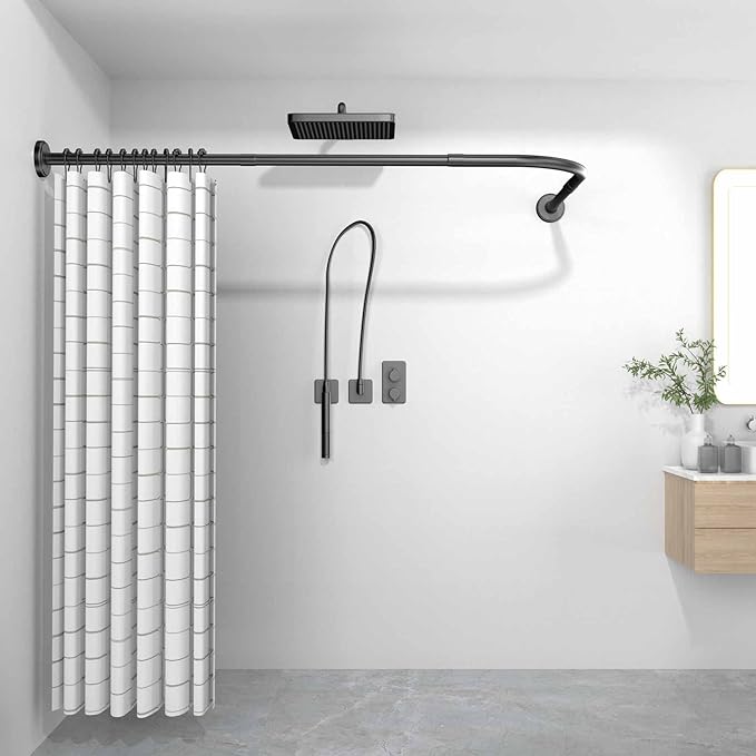 Raoot Shower Curtain Rail Black L Shape 71 - 102 x 112 - 173 cm Adjustable Shower Curtain Angle Rods Drilling or No Drilling Includes Shower Curtain Rings