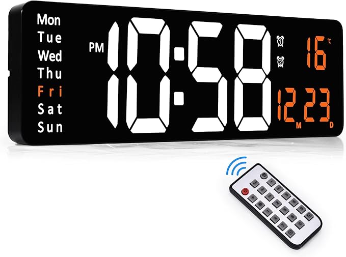 SZELAM Digital Wall Clock Large with Remote Control, Large Digital Wall Clock Temperature Display / Date / Alarm Clock / Automatic Brightness / Snooze, LED Wall Clock Black Digital Clock for Living