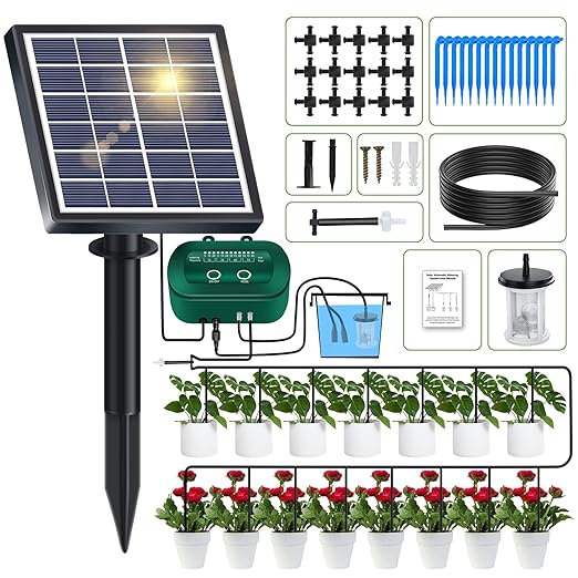 Solar Irrigation System 2024 Latest Drip Irrigation System, Automatic Watering System Garden with 12 Timer Modes + 15 m Hose for Garden, Balcony Plants, Outdoor Pot Plants