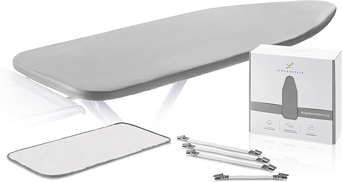 Lengenstein® Ironing Board Cover with Comfort Padding 120 x 40 cm Ironing Board Cover for Steam Irons Including Clamping Clips and Ironing Protection Cloth (Grey)