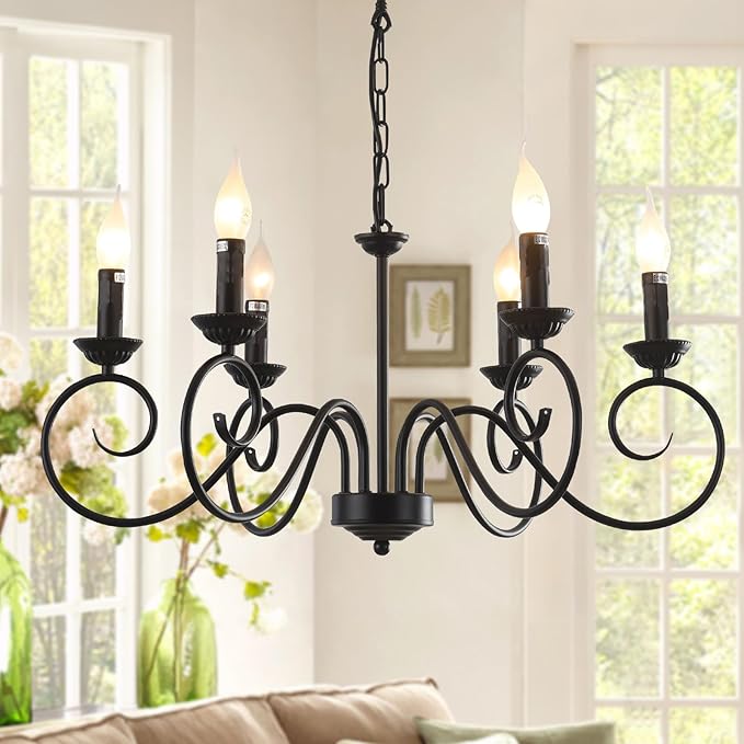 JIINOO Chandelier in Traditional Country House Style, Vintage Height-Adjustable Iron Candle Chandelier, Ceiling Light, 6 E14 Lights, Farmhouse Classic Pendant Light for Kitchen, Dining Room, Living
