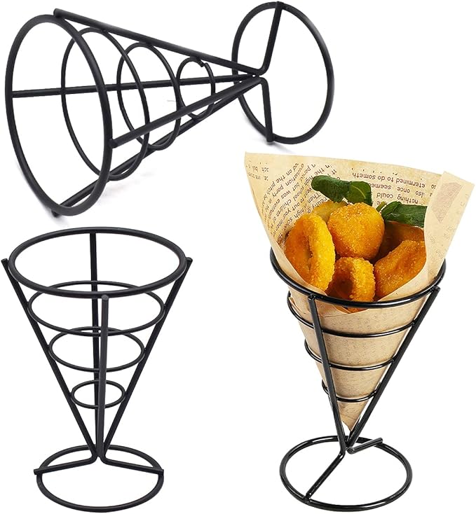 Jicyor Stainless Steel Chip Stand, Pack of 3 Cone Shape French Fries Holder Stand, Durable Black Chip Stand for Families, Restaurants, Cafés, Bars, Snack Bars, Weddings, Parties